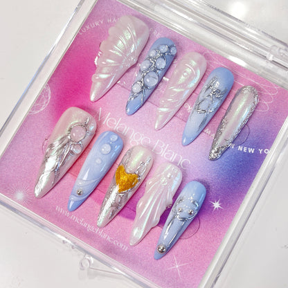 PO073 3D blue seashell ocean stiletto press on nails