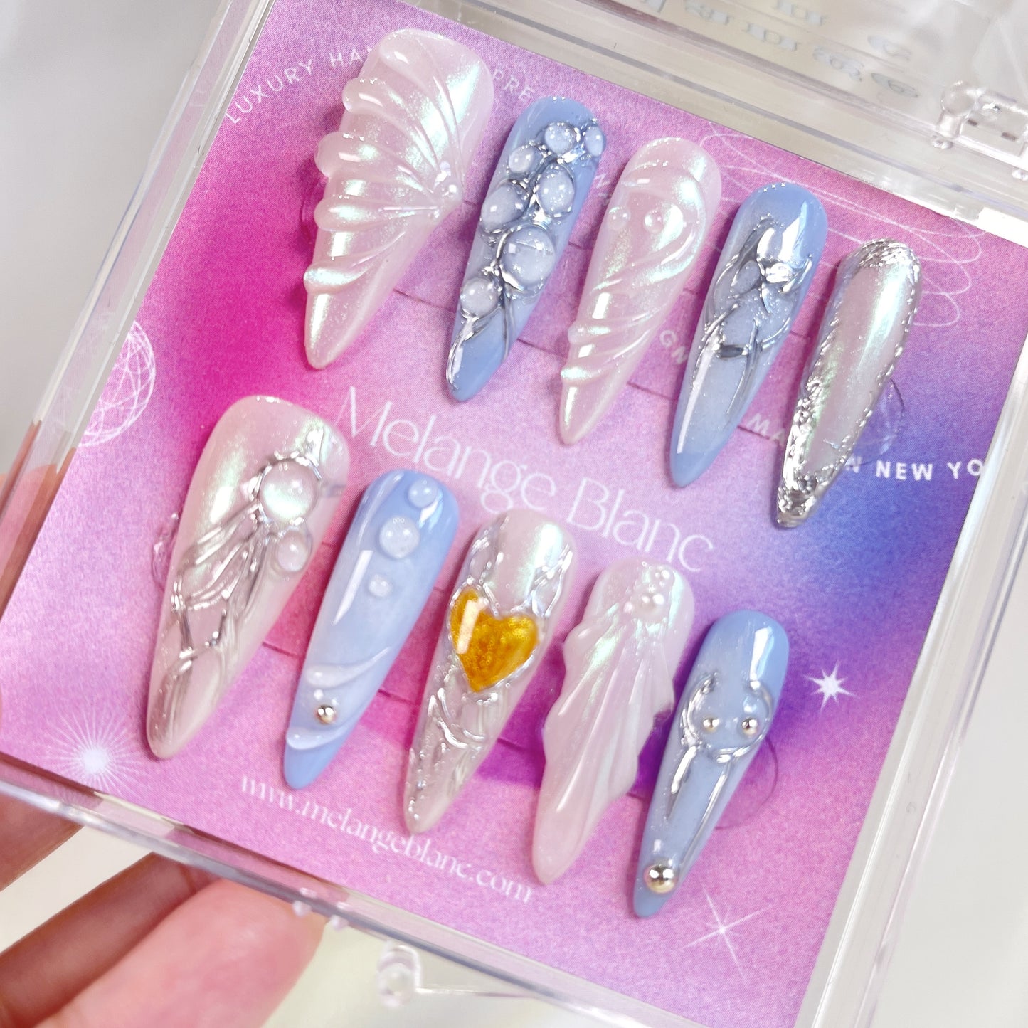 PO073 3D blue seashell ocean stiletto press on nails