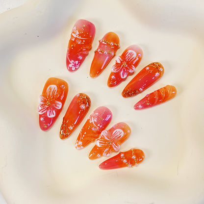 PO074 3D red orange flower press on nails