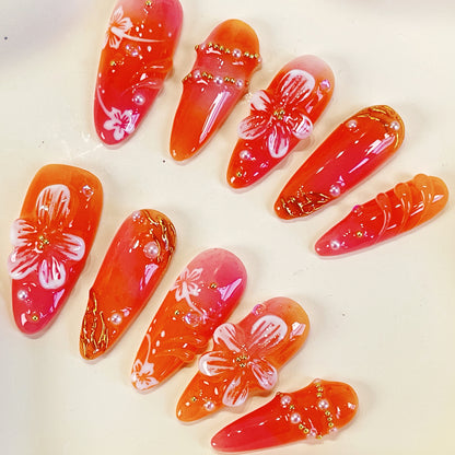 PO074 3D red orange flower press on nails