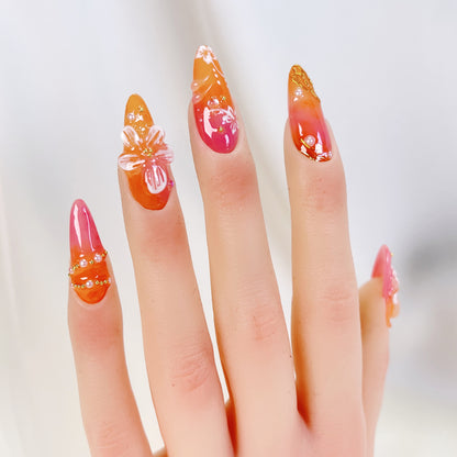 PO074 3D red orange flower press on nails