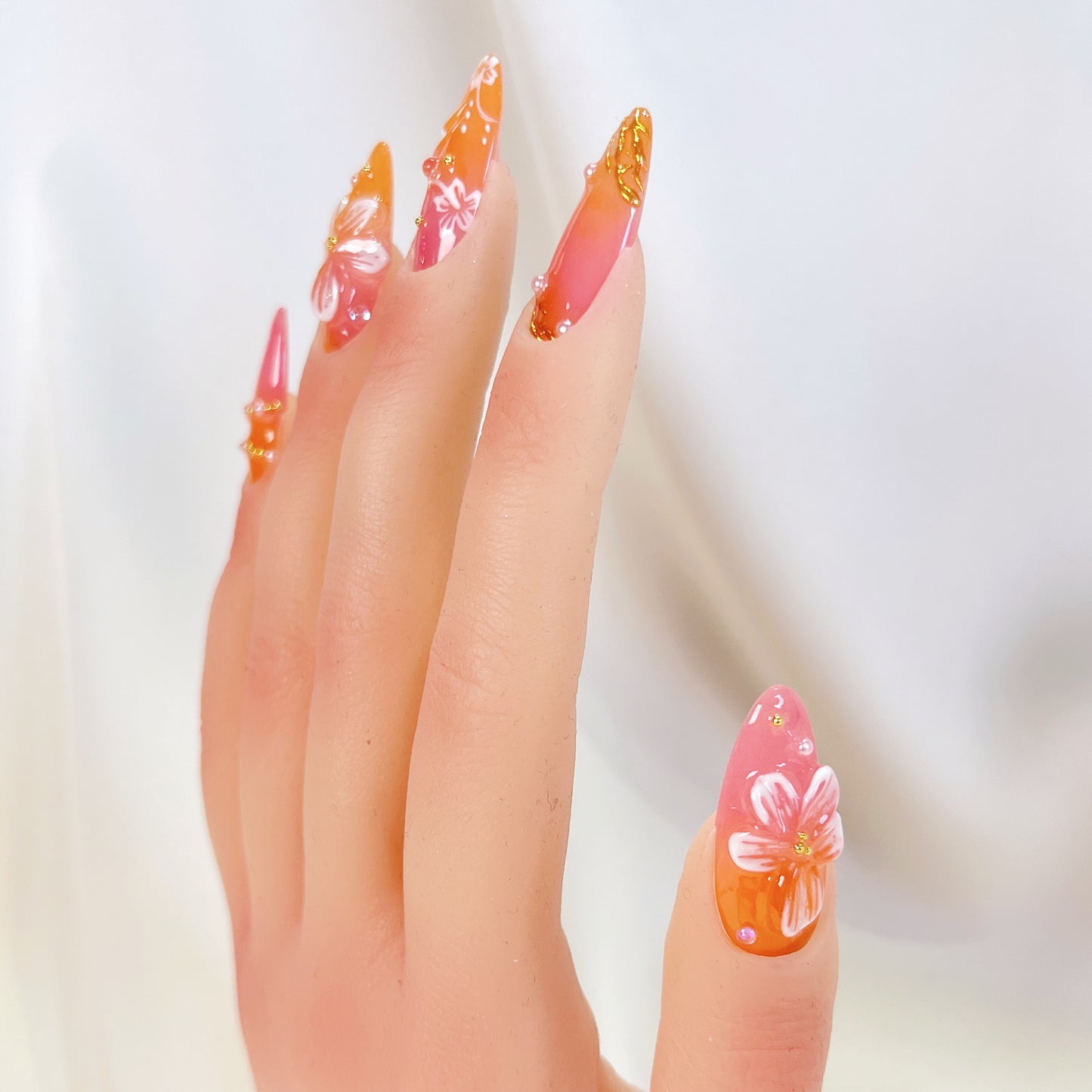 PO074 3D red orange flower press on nails