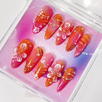 PO074 3D red orange flower press on nails