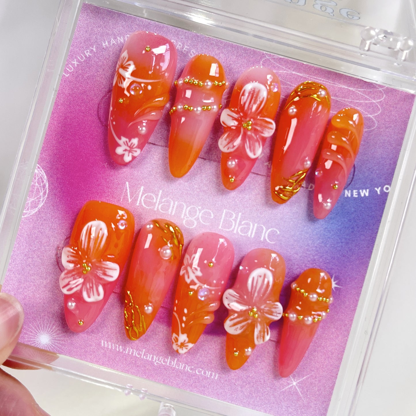 PO074 3D red orange flower press on nails