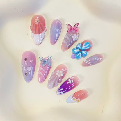 PO075 3D butterfly flower almond press on nails