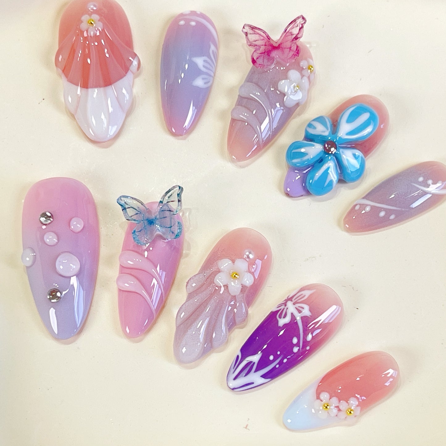 PO075 3D butterfly flower almond press on nails