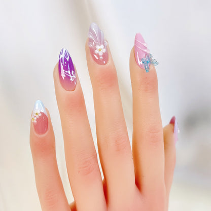 PO075 3D butterfly flower almond press on nails