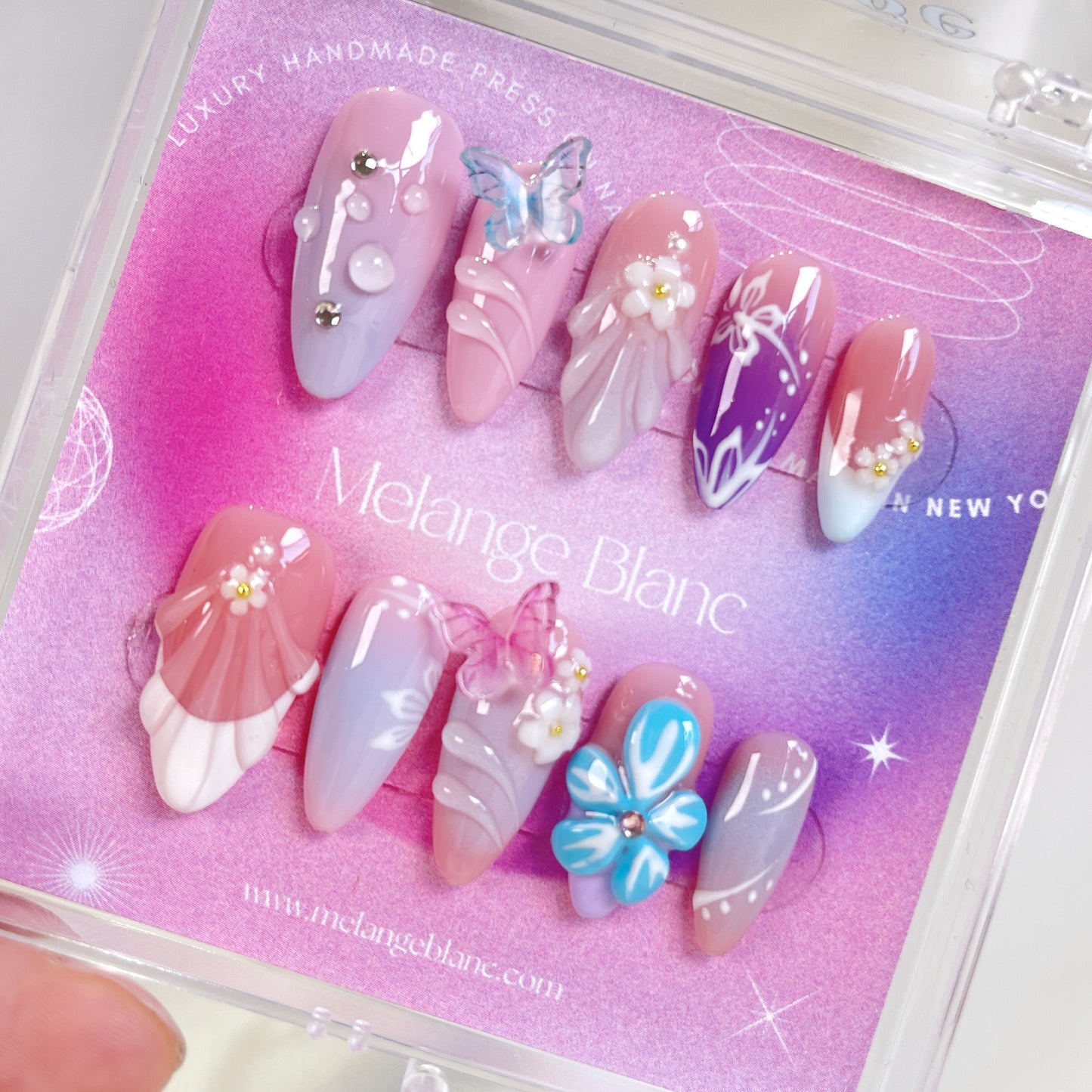 PO075 3D butterfly flower almond press on nails