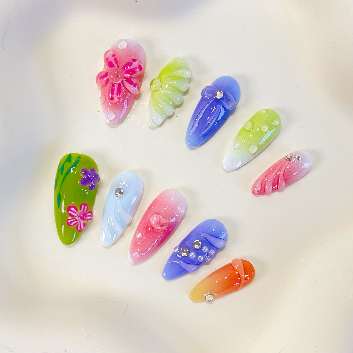 PO076 3D colorful flower almond press on nails