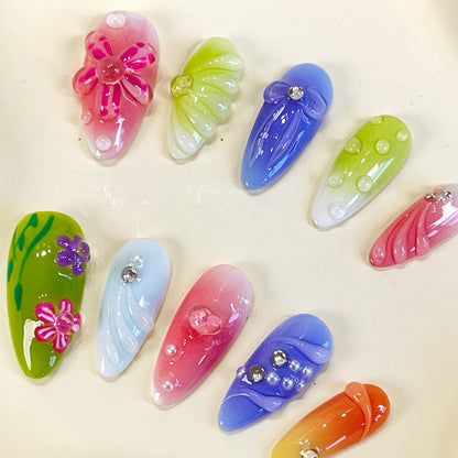 PO076 3D colorful flower almond press on nails