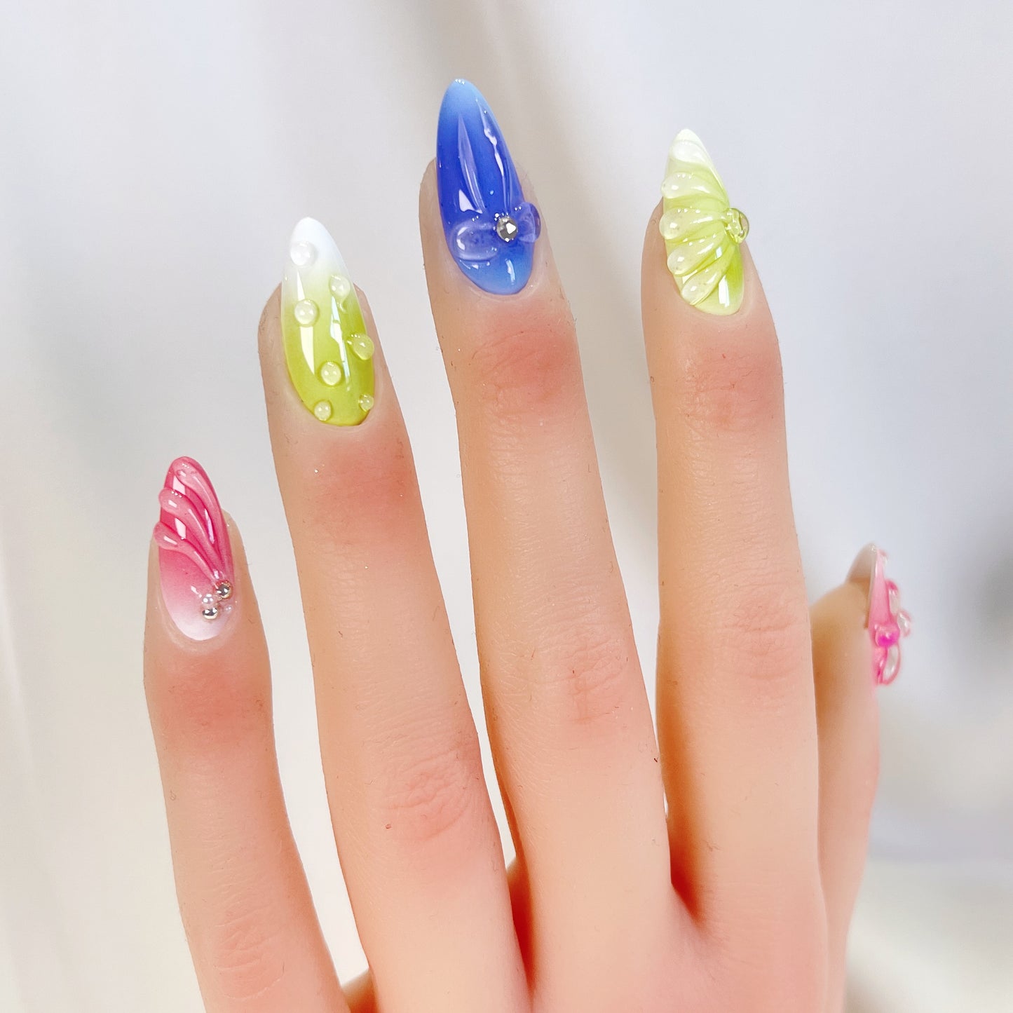 PO076 3D colorful flower almond press on nails