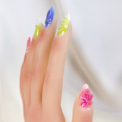 PO076 3D colorful flower almond press on nails