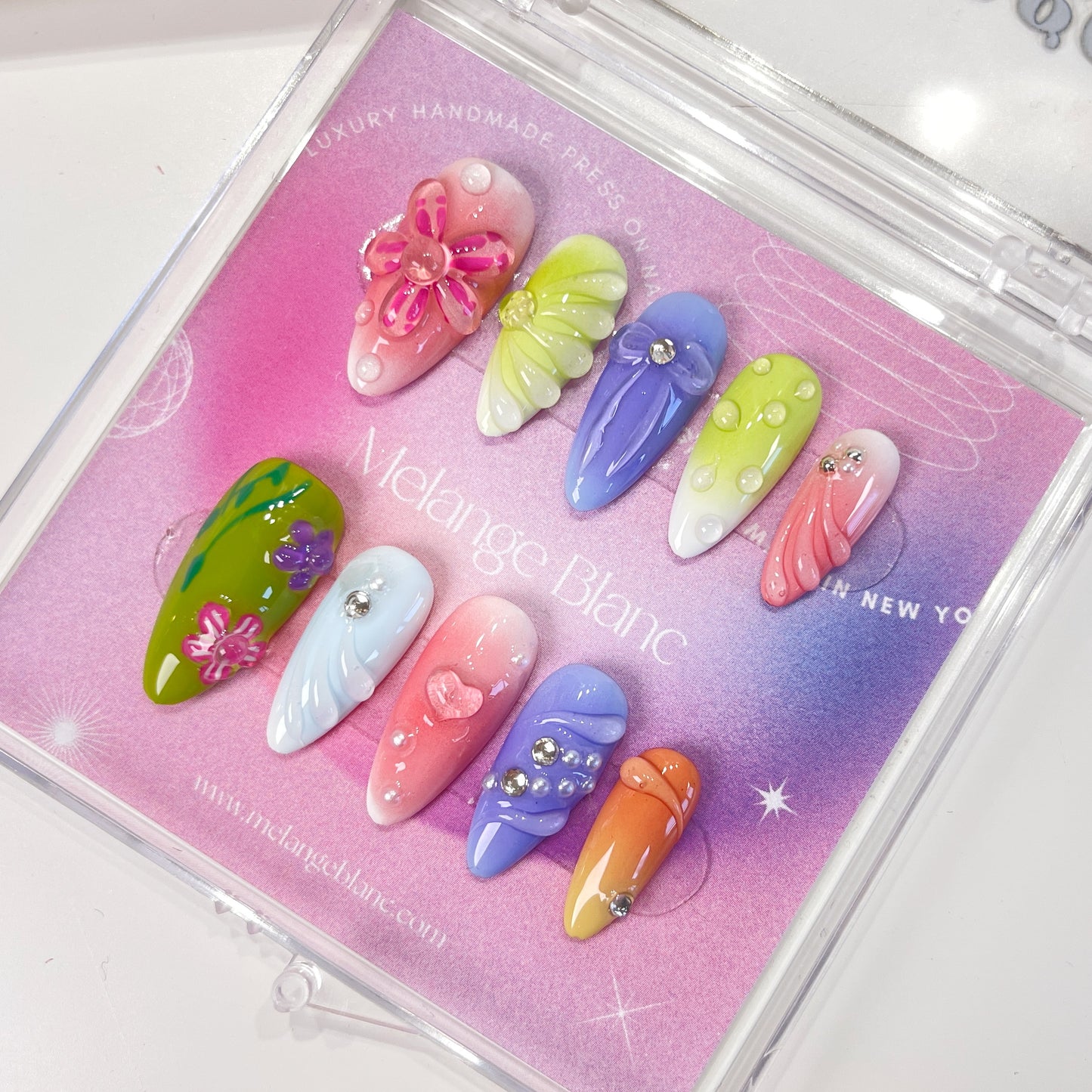 PO076 3D colorful flower almond press on nails