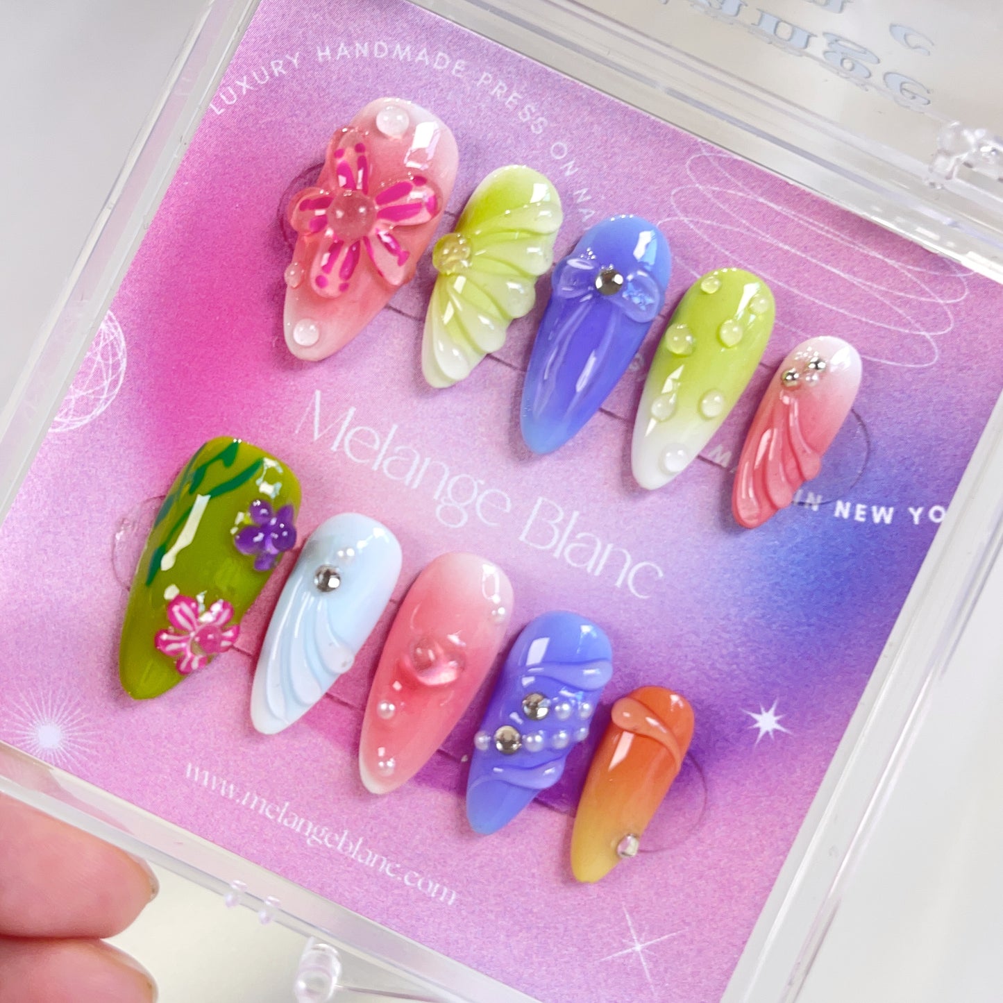 PO076 3D colorful flower almond press on nails