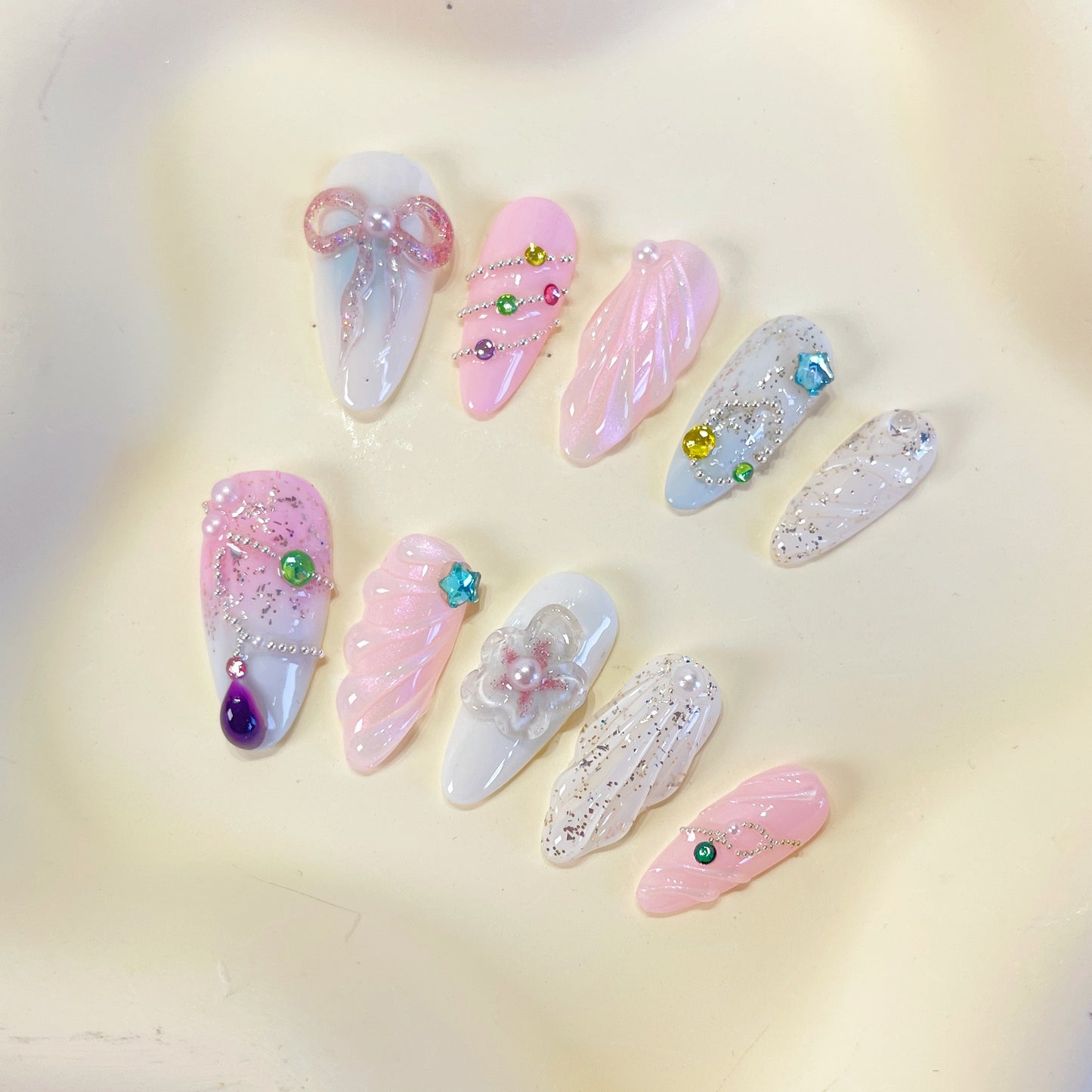 PO077 Dreamy Rose bow flower press on nails