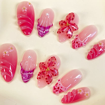 PO079 3D pink orchid flower press on nails