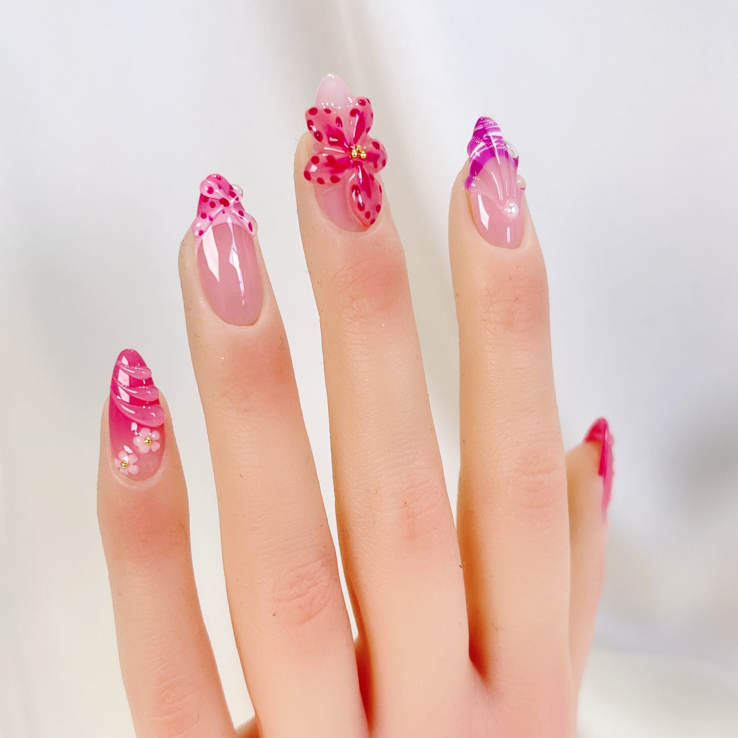 PO079 3D pink orchid flower press on nails