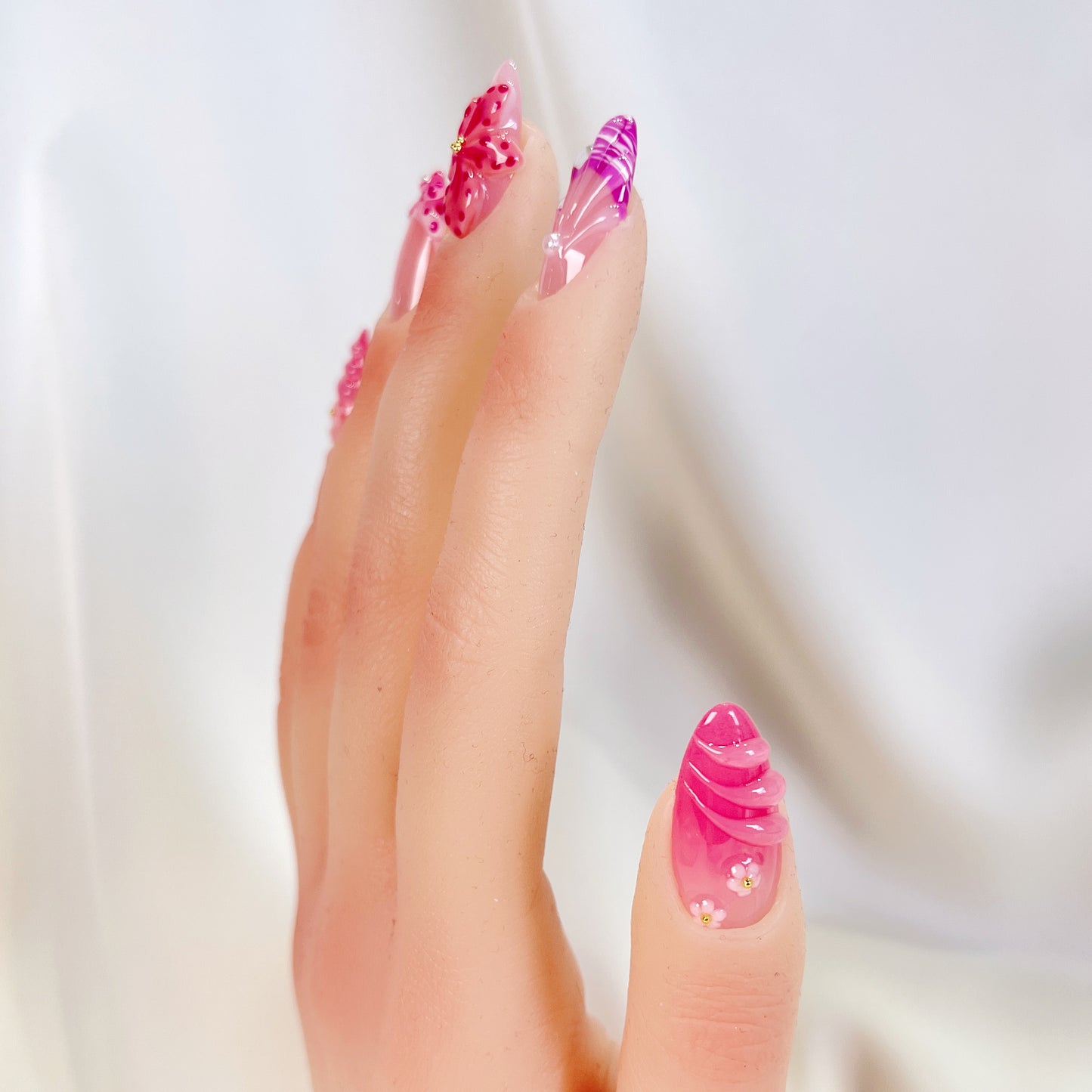 PO079 3D pink orchid flower press on nails