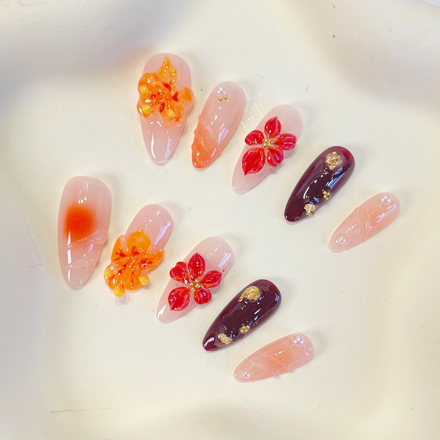 PO081 3D flower autumn almond press on nails