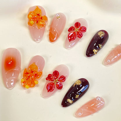 PO081 3D flower autumn almond press on nails