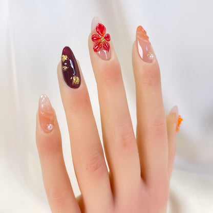 PO081 3D flower autumn almond press on nails