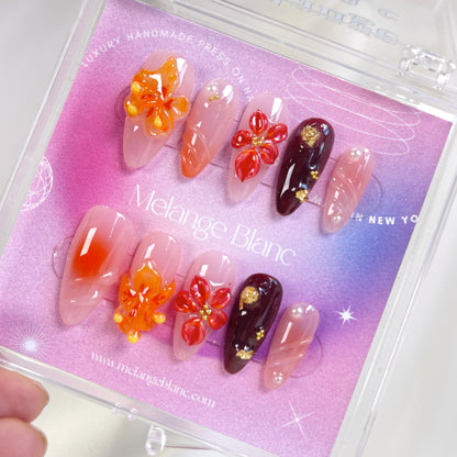 PO081 3D flower autumn almond press on nails