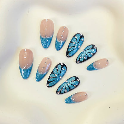 PO086 cateye blue butterfly almond press on nails