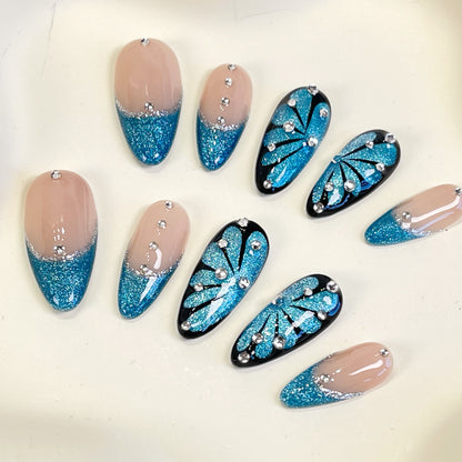 PO086 cateye blue butterfly almond press on nails