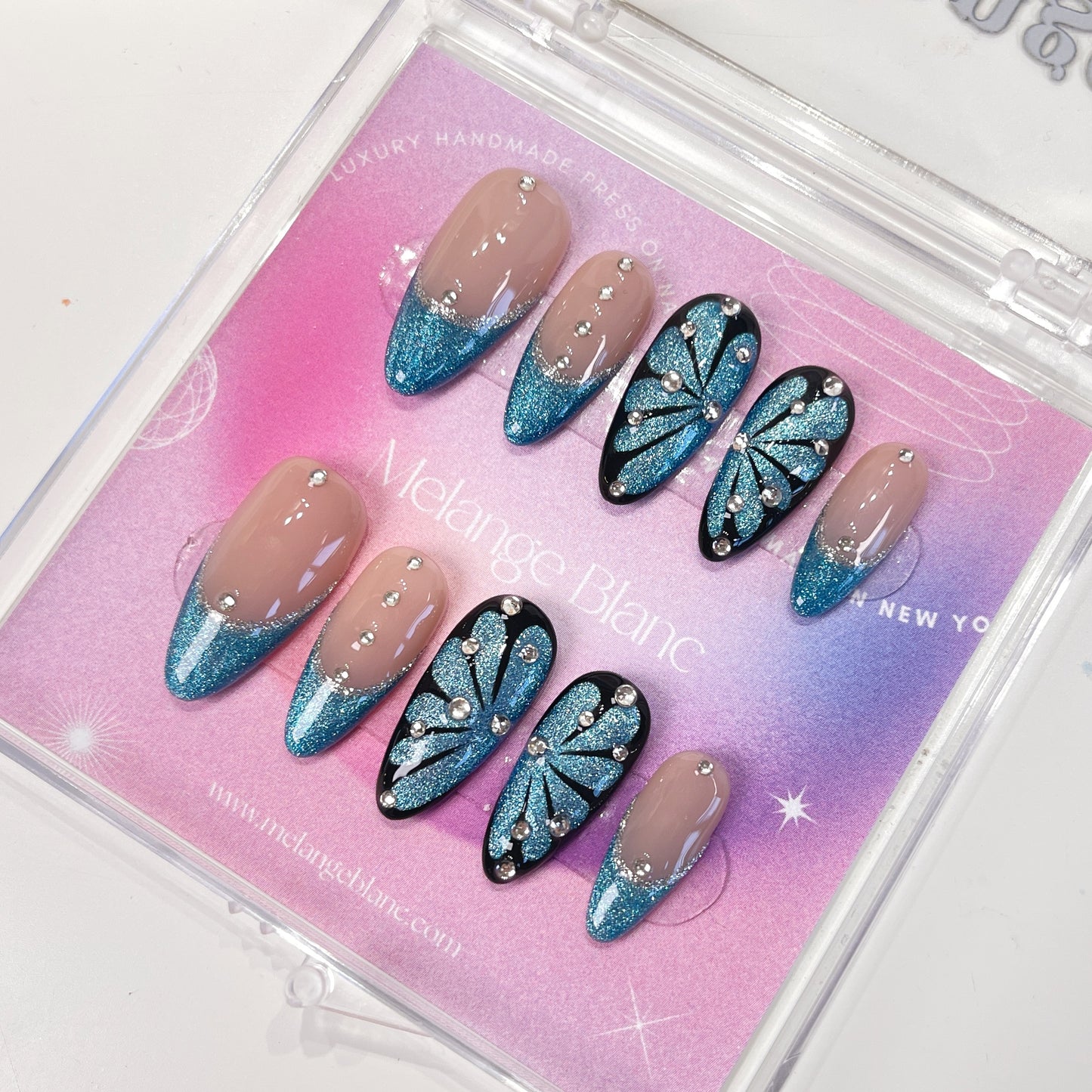 PO086 cateye blue butterfly almond press on nails