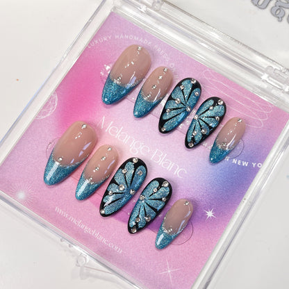 PO086 cateye blue butterfly almond press on nails