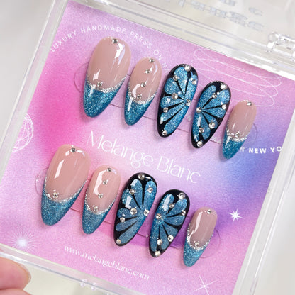 PO086 cateye blue butterfly almond press on nails