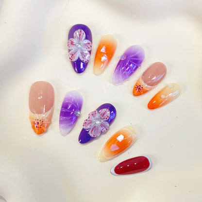 PO087 purple flower almond press on nails