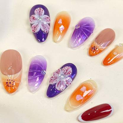 PO087 purple flower almond press on nails