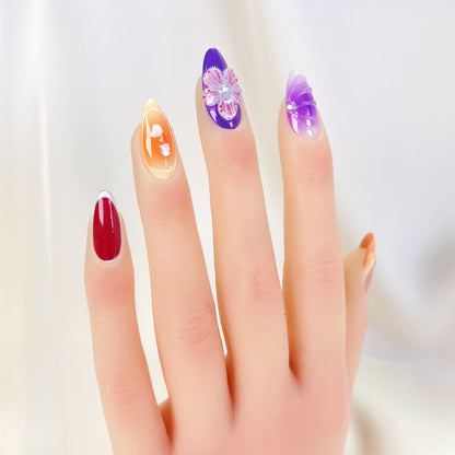 PO087 purple flower almond press on nails