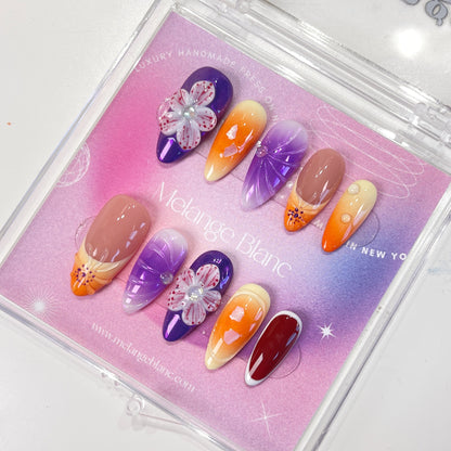 PO087 purple flower almond press on nails