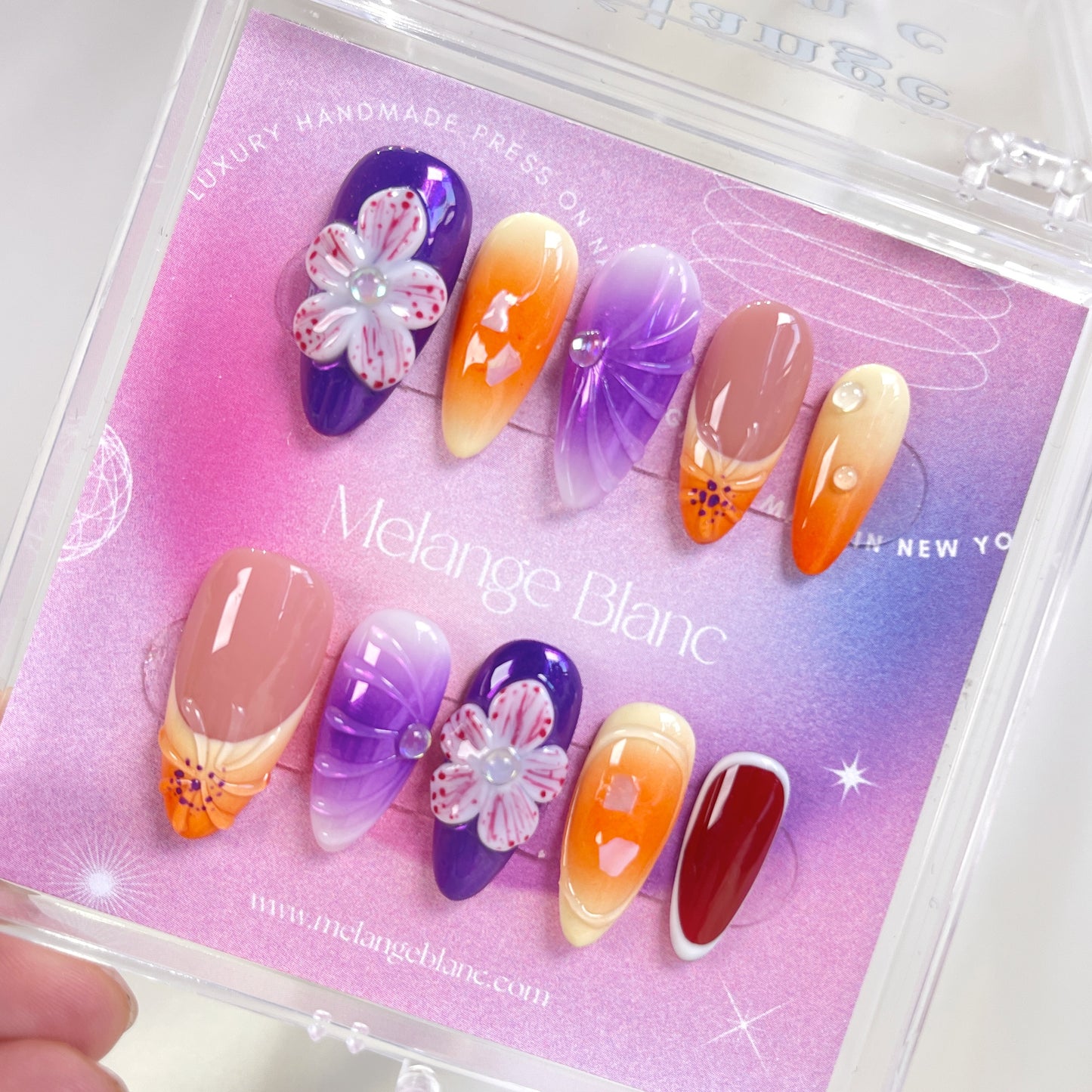 PO087 purple flower almond press on nails