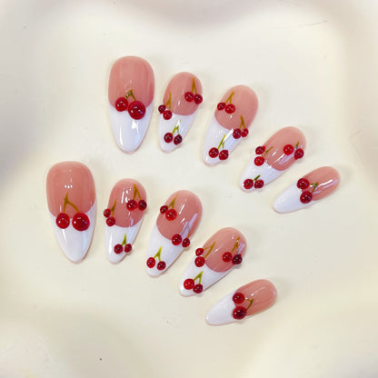 PO090 red cherry french tip almond press on nails