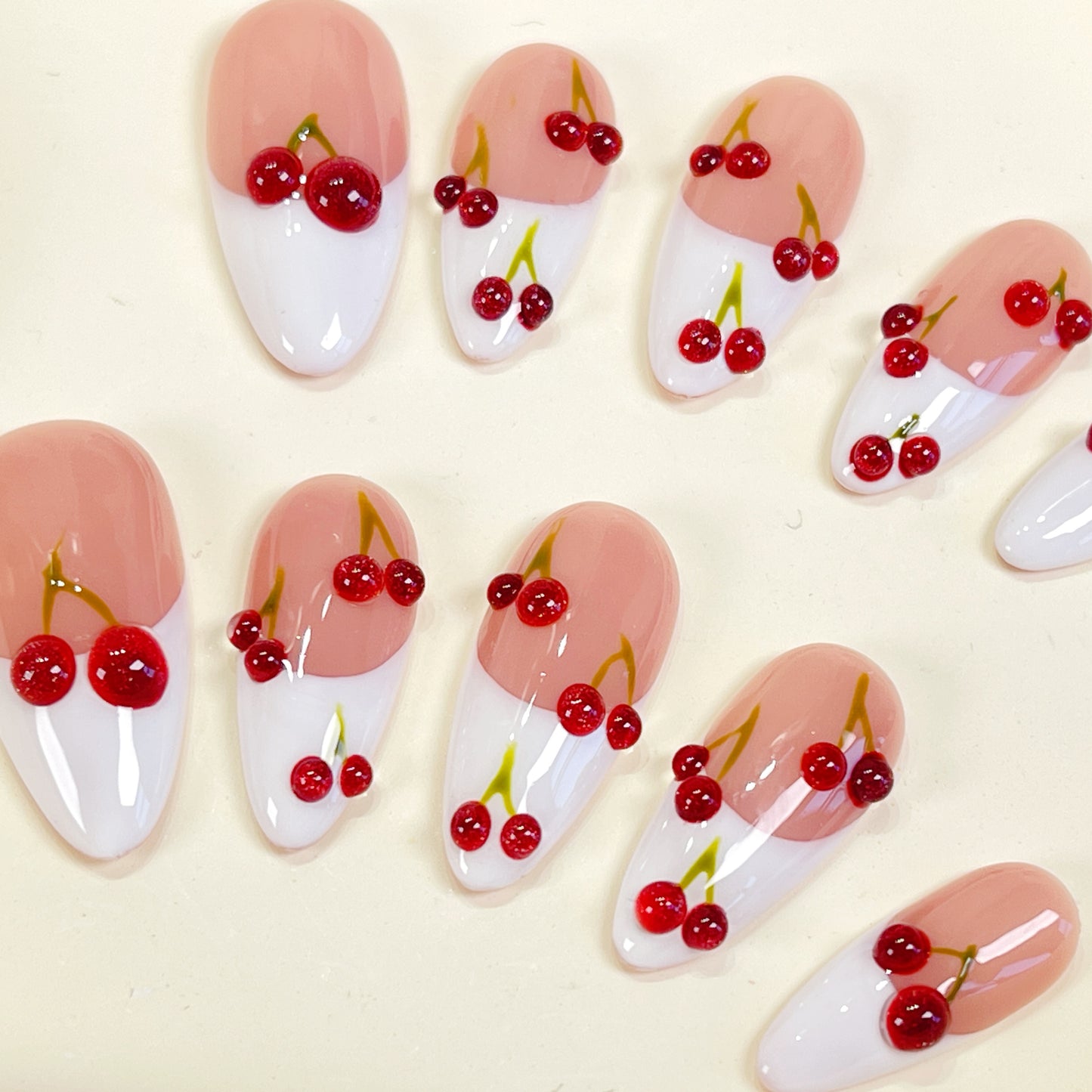 PO090 red cherry french tip almond press on nails