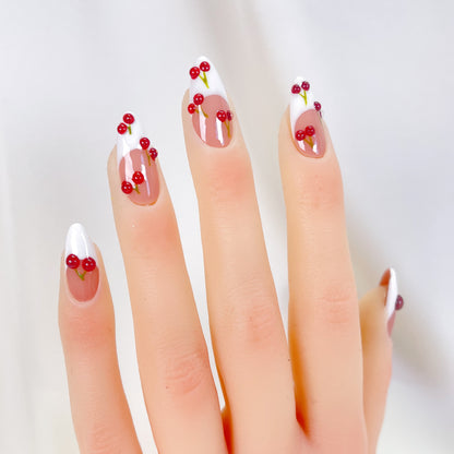 PO090 red cherry french tip almond press on nails