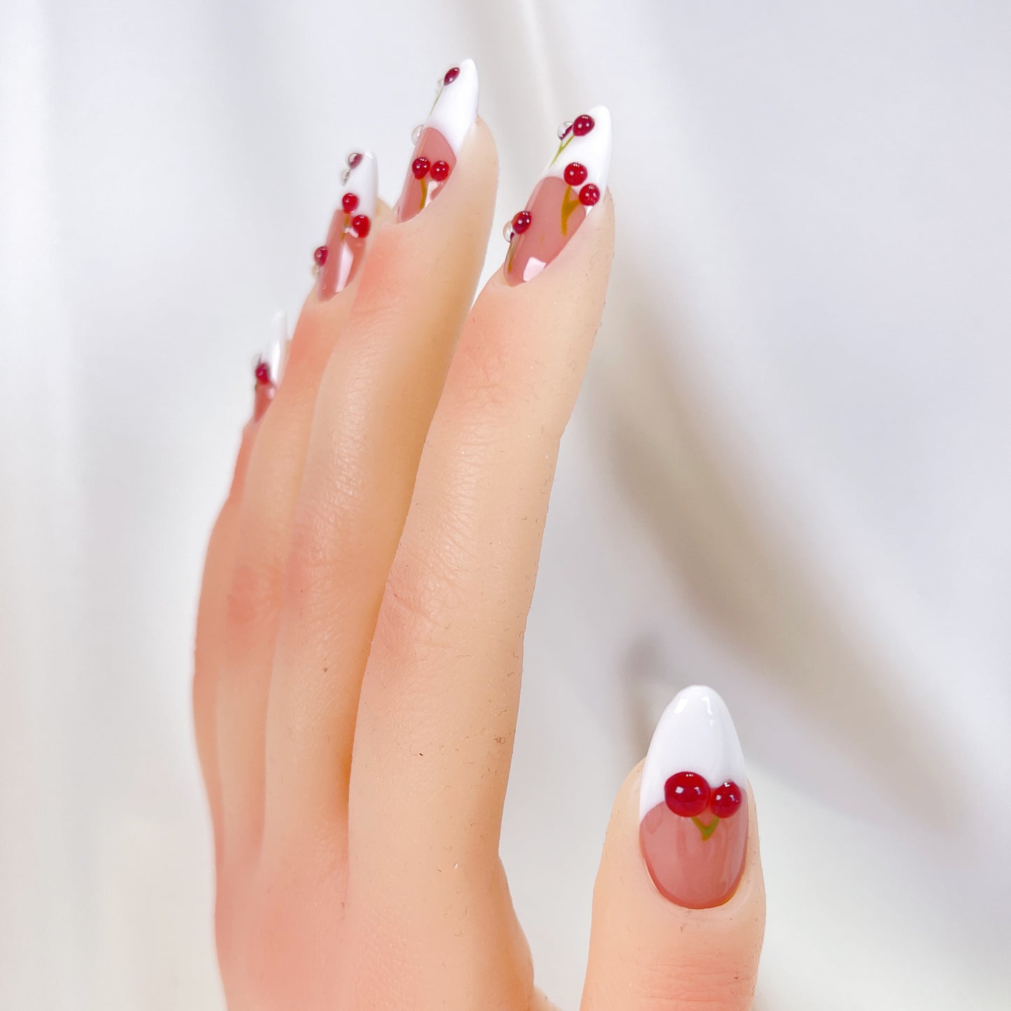 PO090 red cherry french tip almond press on nails