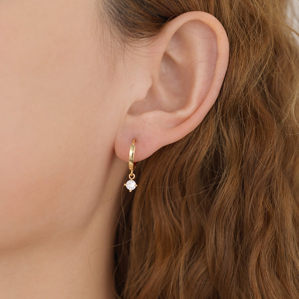 E165 gold solitaire dangle huggie hoop earrings