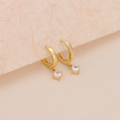 E165 gold solitaire dangle huggie hoop earrings