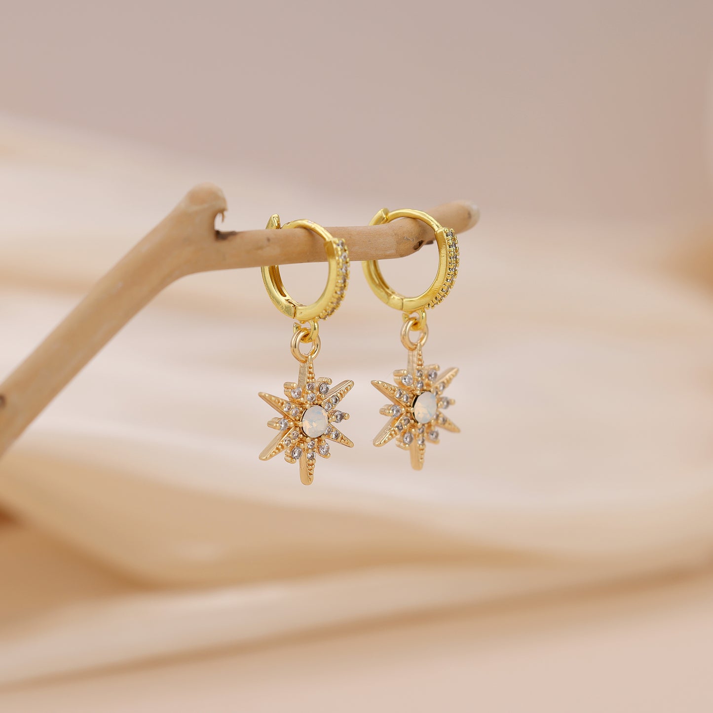 E145 starburst huggie hoop opal earrings