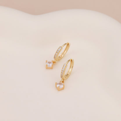 E156 gold solitaire dangle paved huggie hoop earrings