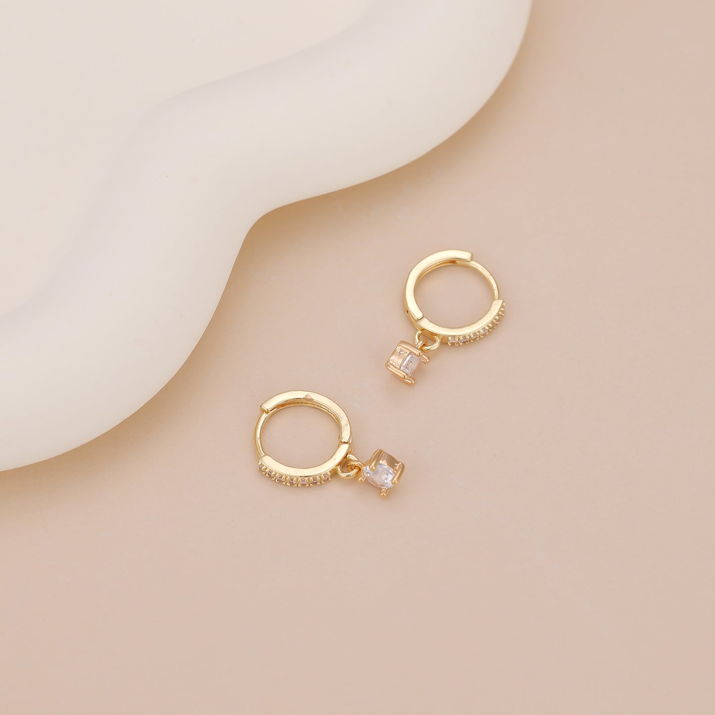 E156 gold solitaire dangle paved huggie hoop earrings