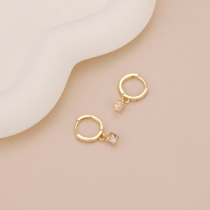 E156 gold solitaire dangle paved huggie hoop earrings