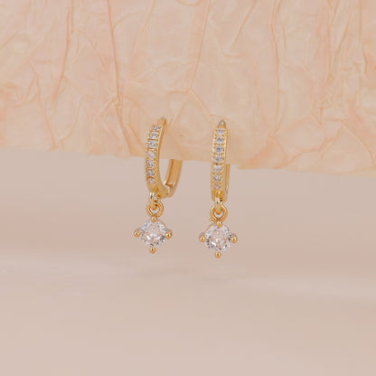 E156 gold solitaire dangle paved huggie hoop earrings