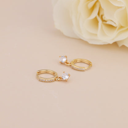 E156 gold solitaire dangle paved huggie hoop earrings