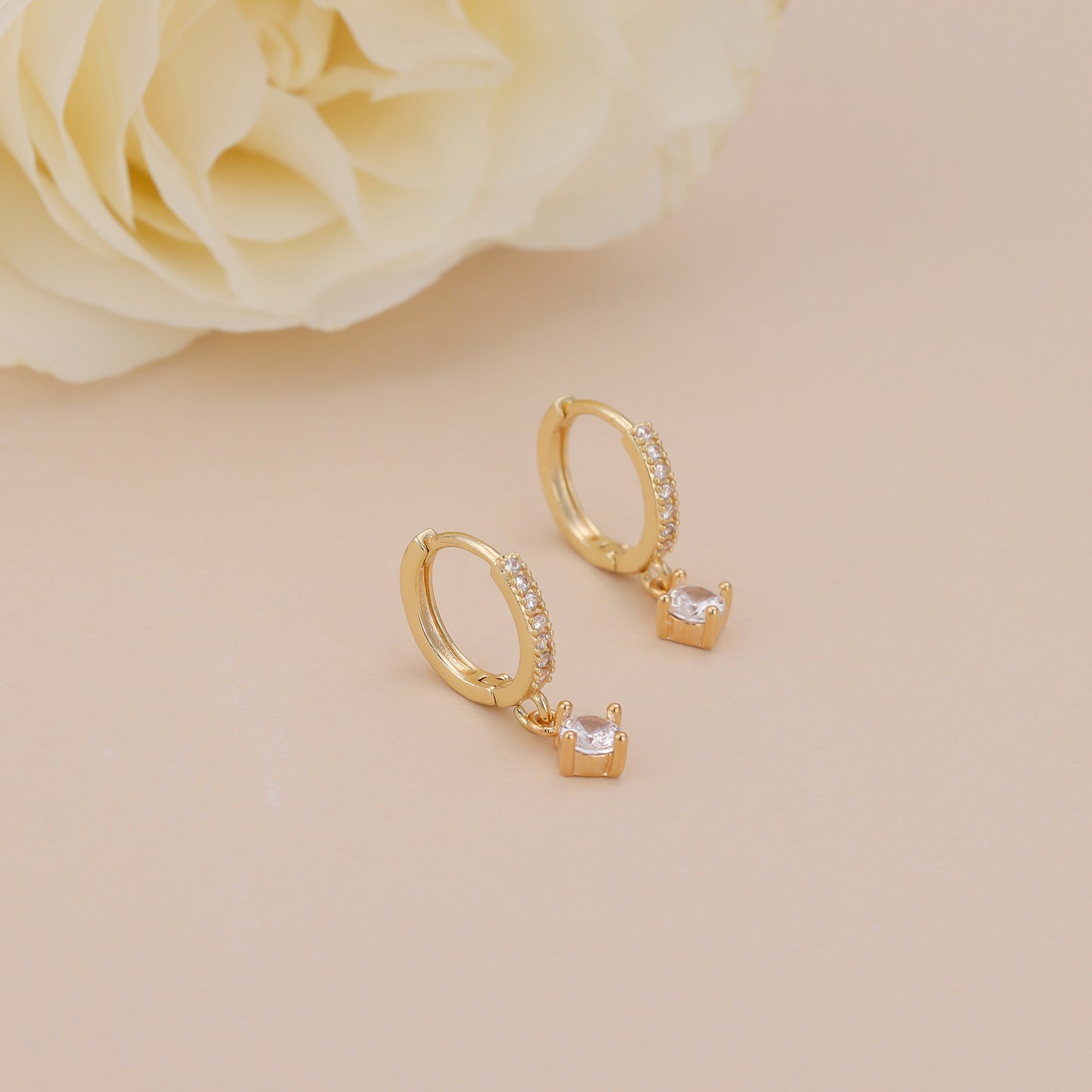 E156 gold solitaire dangle paved huggie hoop earrings