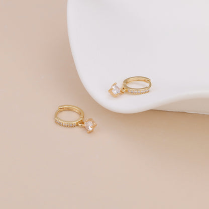 E156 gold solitaire dangle paved huggie hoop earrings